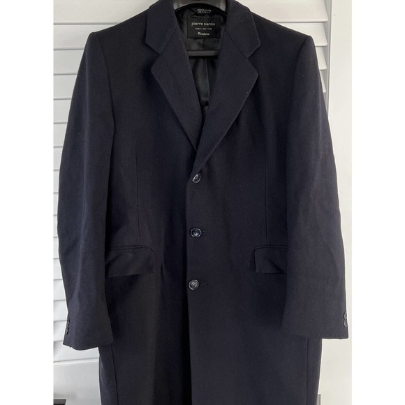 VTG Pierre Cardin Couture Mens Long Wool Top Dress Coat Overcoat Navy Blue - Picture 3 of 12